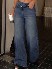 Dazy Tall Damen Lange Gerade Bein Lässige Jeans Hose mit schräger Knopfleiste - Blau - Übersicht 6