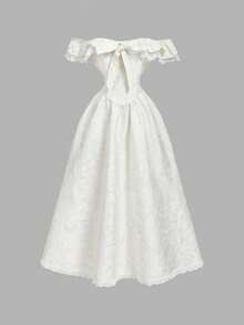 SHEIN MOD 女士优雅纯色提花露肩中长连衣裙，夏季 - 白色 - 查看 3