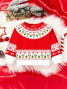 SHEIN 2 Stück/Set Baby Mädchen Weihnachten Rot Rentier, Weihnachtsbaum, Schneeflocke, Schleife, Lebkuchenmann Fair Isle Muster Lässiger Dicker Weicher Bequemer Langarm Sweatshirt und Leggings Set, geeignet für Herbst/Winter Alltag, Weihnachtsparty, Straßenmode, Zuhause - Verschiedenfarbig - Übersicht 6
