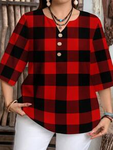 EMERY ROSE Camisa casual minimalista de talla grande con estampado a cuadros texturizado en rojo, adecuada para fiestas de primavera/otoño - Multicolor - Ver 4