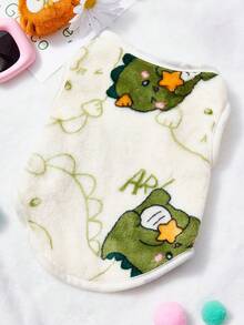 PETSIN 1件可爱绿色恐龙卡通印花宠物背心 米色秋冬加厚法兰绒保暖宠物服装