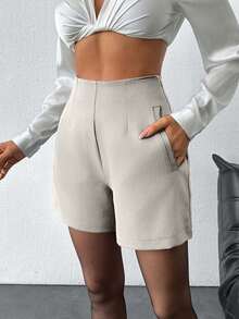EURMUSE Women Solid Color Mini Shorts, Fashionable For Summer - Beige - View 3