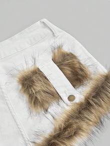 ROMWE Grunge Punk 女款韩流时尚复古毛绒拼接牛仔短裤 - 白色 - 查看 3