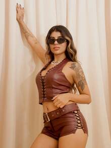Rayane Ketlyn 2pcs Women Burgundy Deep-V Halter Top And High Slit Binding Shorts Set Brown Leather Two Piece Set - Red - View 4
