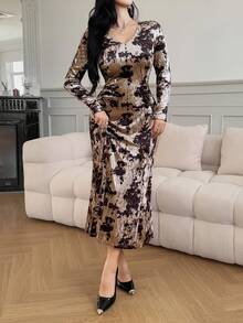 DAZY فستان متوسط الطول بأكمام طويلة وطباعة بسيطة للنساء - متعدد الألوان - مشاهدة 6