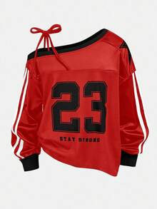 Girlism 少女卫衣：红色丝网印花T恤，斜肩数字印花单肩蝴蝶结吊带背心，返校季，街头风，运动休闲风 - 紅色 - 查看 2