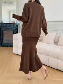 DAZY 两件套女士美人鱼裙摆半身裙套装，宽松针织衫和半身裙，秋冬季休闲优雅穿搭 - 棕色 - 查看 2
