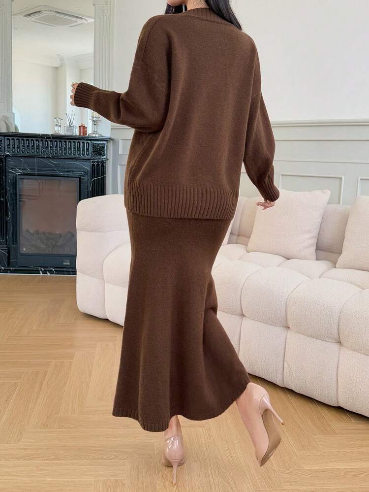 2pcs Women Mermaid Hem Skirt Set, Loose Knit Sweater And Skirt, Casual Elegant Outfit For Autumn/Winter