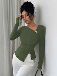 Elenzga 女士纯色金属装饰开衩下摆修身优雅长袖T恤 - 橄欖綠 - 查看 4