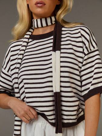 Athîral Women's Brown Striped Knit Sweater And Scarf Set, Women's Short-Sleeved Pullover Round Neck Soft Casual Top, Maillard Style, Soft Knit Fabric, Scarf Design,Casual Outfit For Women,Brown Tops,New Year Outfit,Winter Outfit For Women