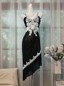 Almamuse Váy dài vừa phải bèo nhún đen trắng dành cho nữ - màu đen - Xem 6