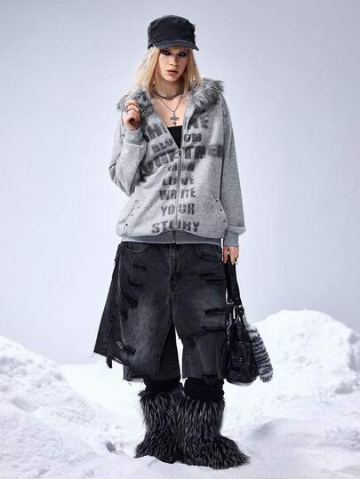 Grunge Punk Women's Y2K Millennium Vintage PUNK English Slogan Print Patchwork Faux Fur Collar Hoodie