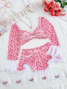 PetitDoll 3件套加大码性感蕾丝拼布透明内衣套装 - 粉色 - 查看 6