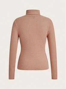 SHEIN Clasi Women's Casual Minimalist Turtleneck Slim Fit T-Shirt, Suitable For Autumn/Winter, Ribbed Fabric - Apricot - View 4