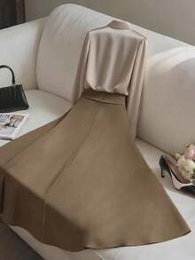 Franclia 优雅时尚闪亮面料上衣和褶皱中长裙两件套，适合分层穿着或单独穿着，秋冬