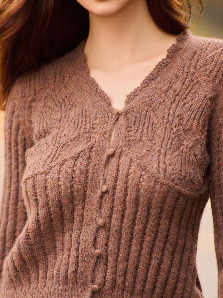 Women Brown Lace Knit Cardigan, Delicate Long Sleeve Sweater, Casual Everyday & Night Out Top Spring Summer Going Out Office Outfits