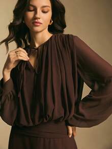 Poéselle Women's Solid Color Tie Collar Lantern Sleeve Ruched Elegant Dress, Elegant Dresses For Women,Casual Dress For Women,Casual Outfit For Women, New Year Outfit,Christmas Party Dress,Women's Winter Dress ,Suitable For Daily Wear, Going Out, Commuting Fall/Winter - Coffee - View 2