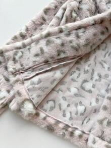 1pc Women's Spring Pink Rabbit Fur Collar Leopard Faux Fur Cinched Waist Long Sleeve Jacket - Pink - View 8