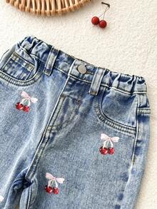 SHEIN BabyflickaKörsbärsmönster Blå Denim Lösa Utsvängda Byxor - Ljustvätt - Visa 5