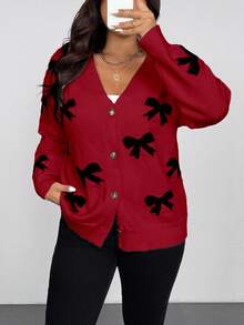 Vionelle 大码撞色蝴蝶结针织开衫，V领休闲宽松柔软毛衣，秋冬季百搭红色开衫，女士开衫毛衣，曲线开衫，女士蝴蝶结开衫，蝴蝶结印花开衫 - 酒紅色 - 查看 3