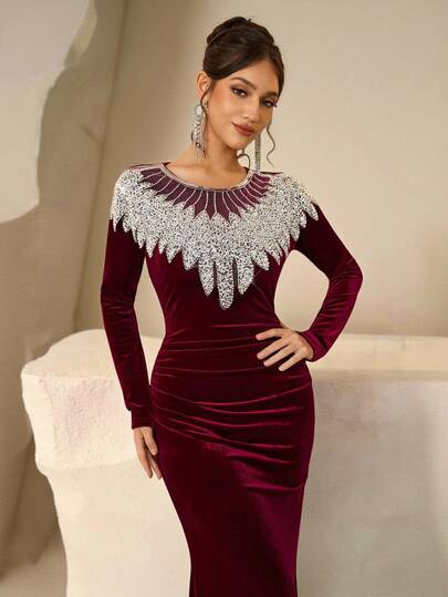 Coutiva Formal Evening Gown (Heavily Embellished) Velvet Dress For Women Long Sleeve Elegant Dress Wine Dress Luxury Dress For Women Christmas Dresses For Women