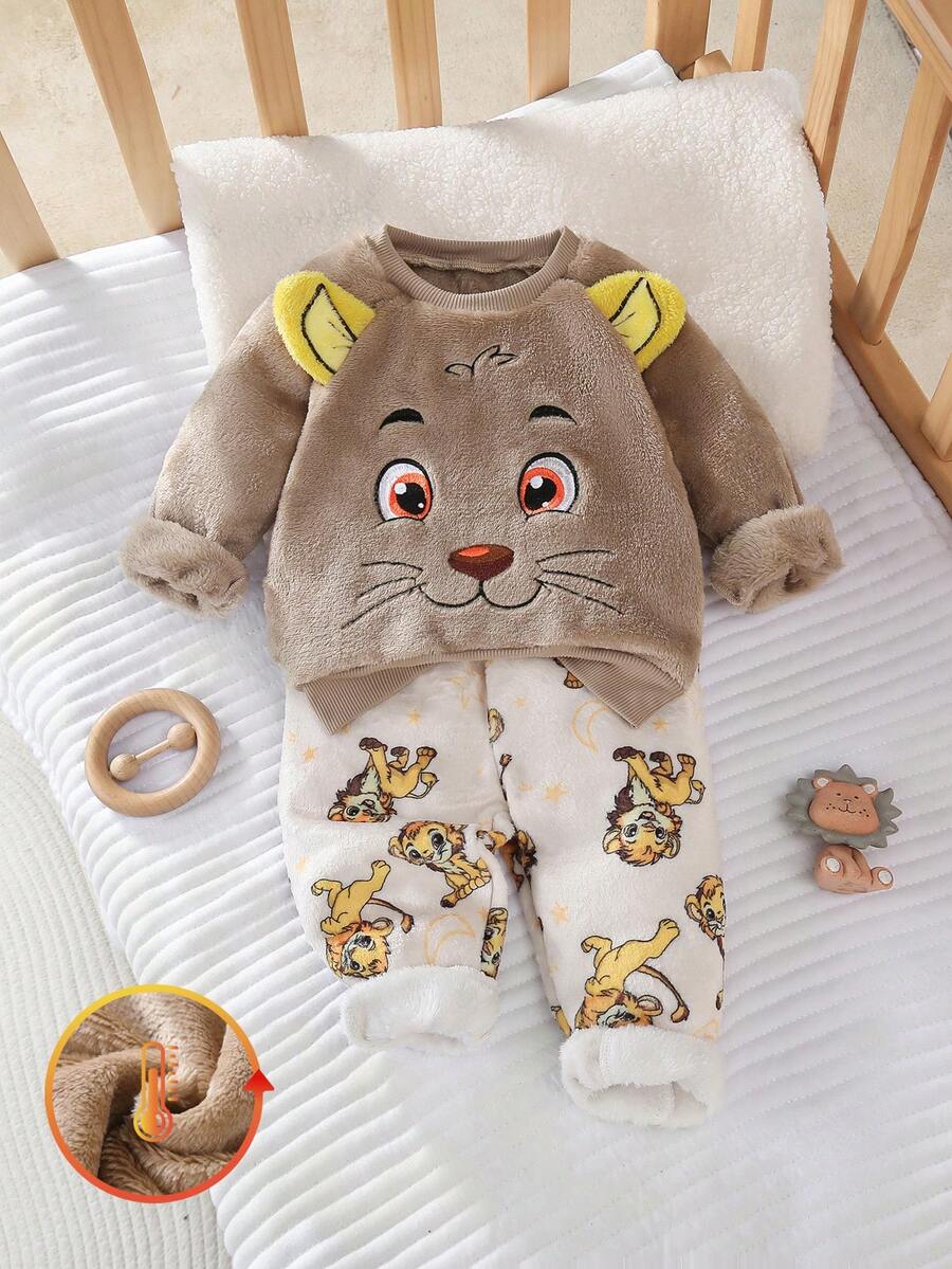 SHEIN 2pcs Baby Boys' Cartoon Graphic Fleece Crew Neck Long Sleeve Top And Pants Pajama Set - Multicolor - View 1