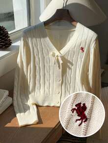 SHEIN EZwear Plus Size Red & White Christmas Bow Knit Cardigan, Soft & Comfortable, Suitable For Christmas, Holidays, Embroidered Women Cardigan Sweaters For Women Cardigan - Beige - View 10