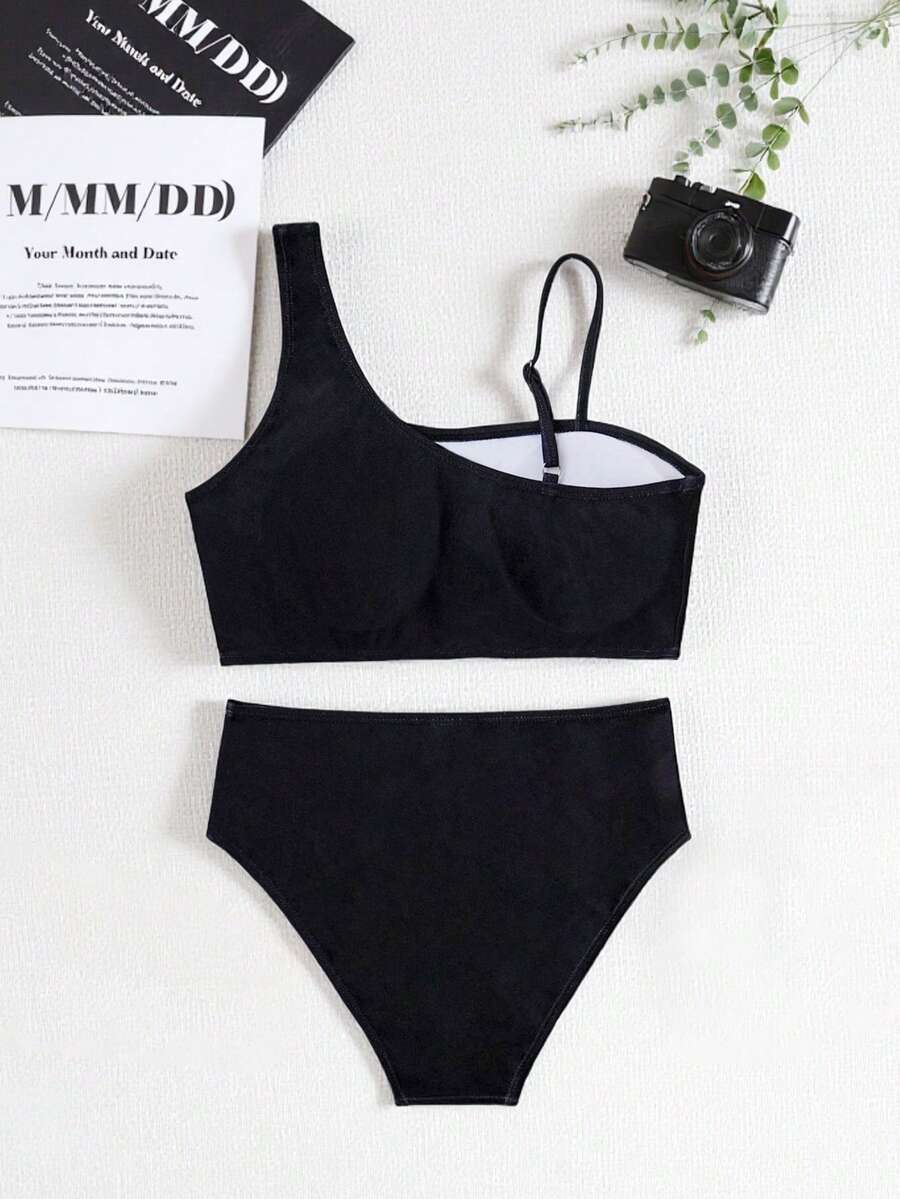 SHEIN Bộ đồ bơi tankini phối hoa đen trắng cho bé gái 14 tuổi, đồ bơi hai mảnh màu đen cho bé gái, đồ bơi cạp cao cho bé gái tuổi teen, đồ bơi hai mảnh màu đen cho bé gái tuổi teen.