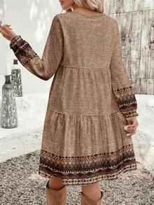 EMERY ROSE 休闲简约碎花图案宽松圆领大码连衣裙，适合秋冬季节穿着。 - 棕色 - 查看 2