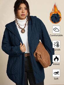 Freevana Plus Size Casual Solid Color Reversible Zip-Up Hooded Fleece Jacket, Autumn/Winter - Blue - View 1