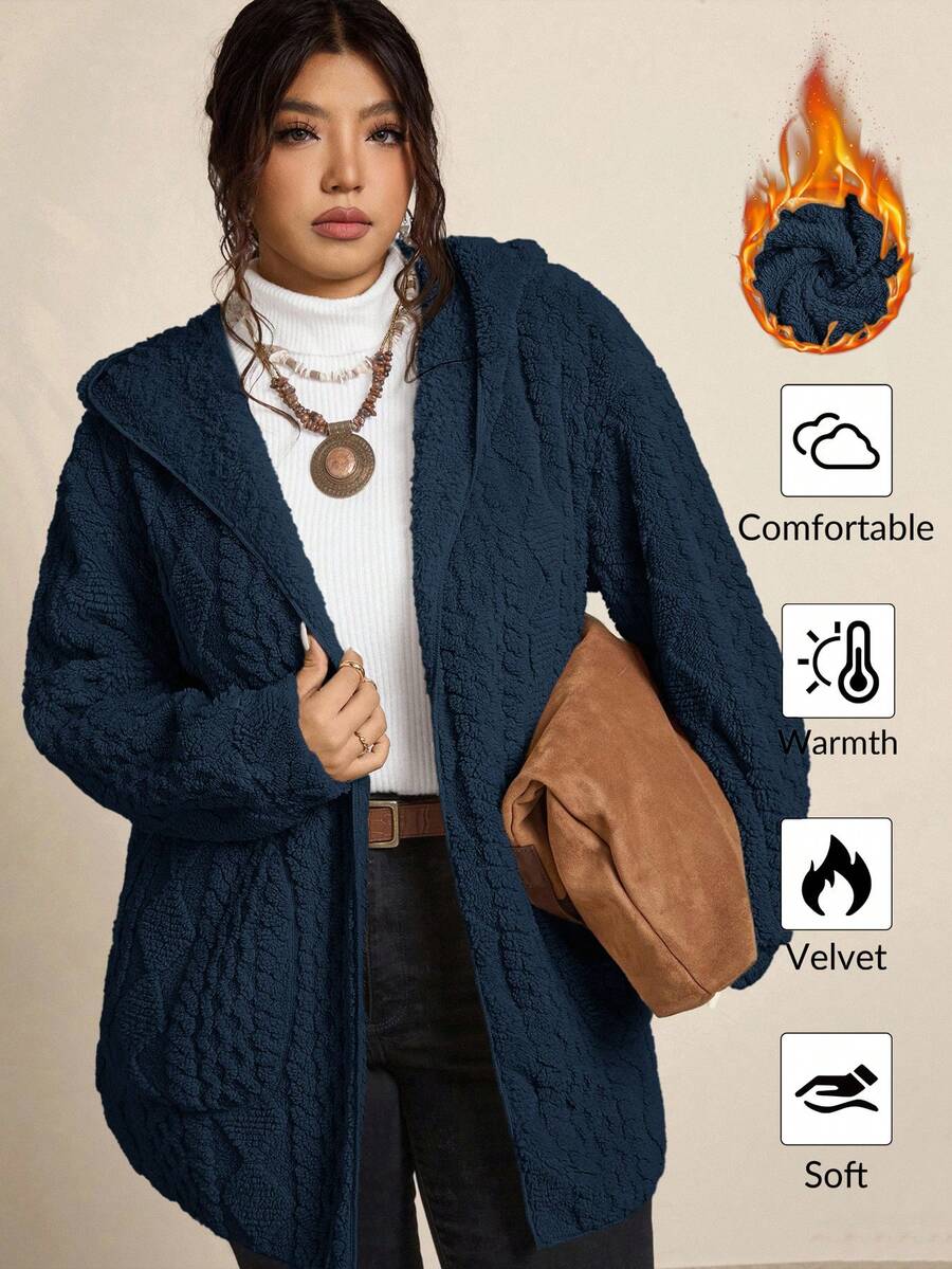 Freevana Plus Size Casual Solid Color Reversible Zip-Up Hooded Fleece Jacket, Autumn/Winter - Blue - View 1