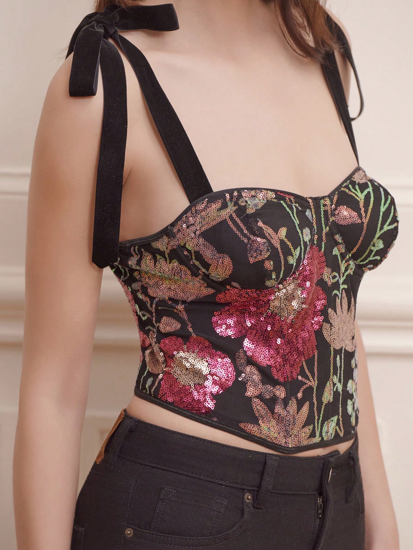 Floral Sequin Bustier Top With Velvet Tie Straps Vintage Style Spring Summer Party Evening Top Shiny Top Premium Top