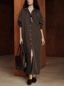 Uhlyne فستان ماكسي مخطط بني أنيق مناسب للملابس الكاجوال والرسمية والحفلات والزفاف، ملابس عيد الميلاد، مناسب للاستخدام اليومي والذهاب إلى العمل والحفلات الراقية