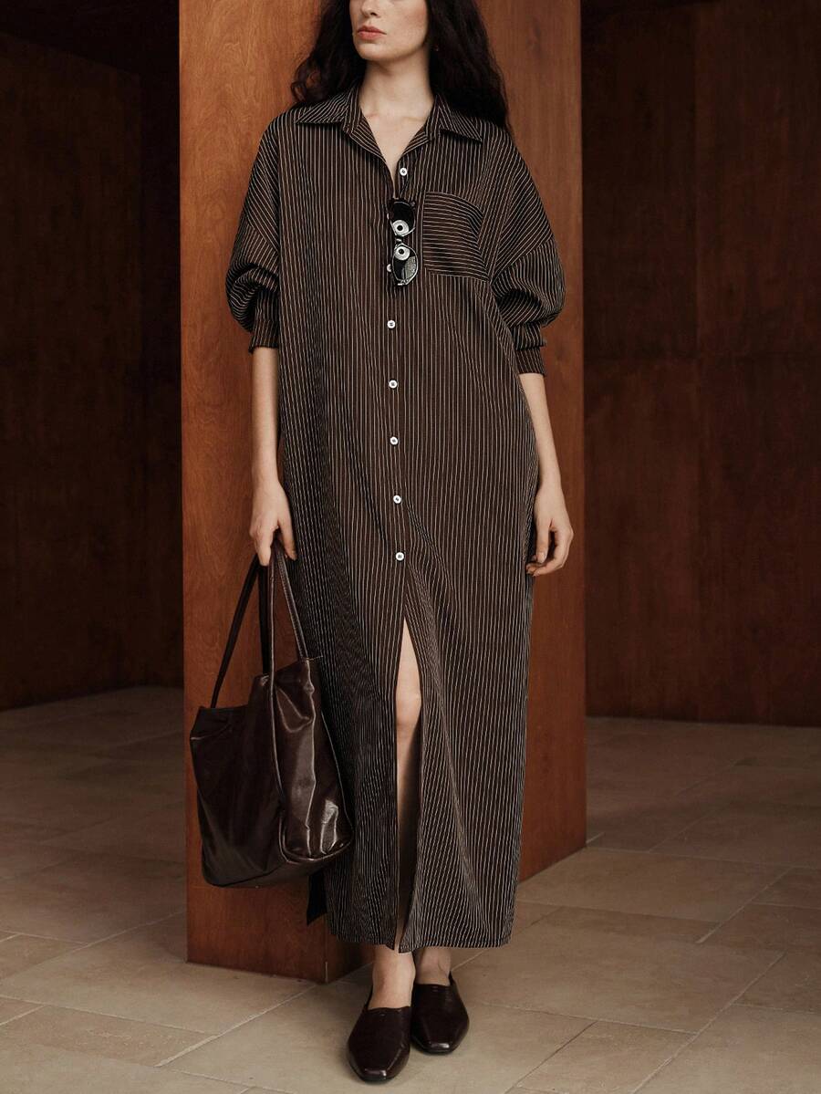 Uhlyne فستان ماكسي مخطط بني أنيق مناسب للملابس الكاجوال والرسمية والحفلات والزفاف، ملابس عيد الميلاد، مناسب للاستخدام اليومي والذهاب إلى العمل والحفلات الراقية