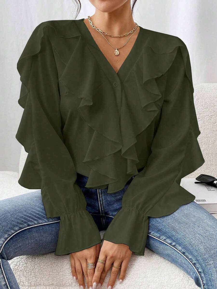 SHEIN Clasi 优雅通勤纯色荷叶边长袖衬衫 - 橄欖綠 - 查看 1