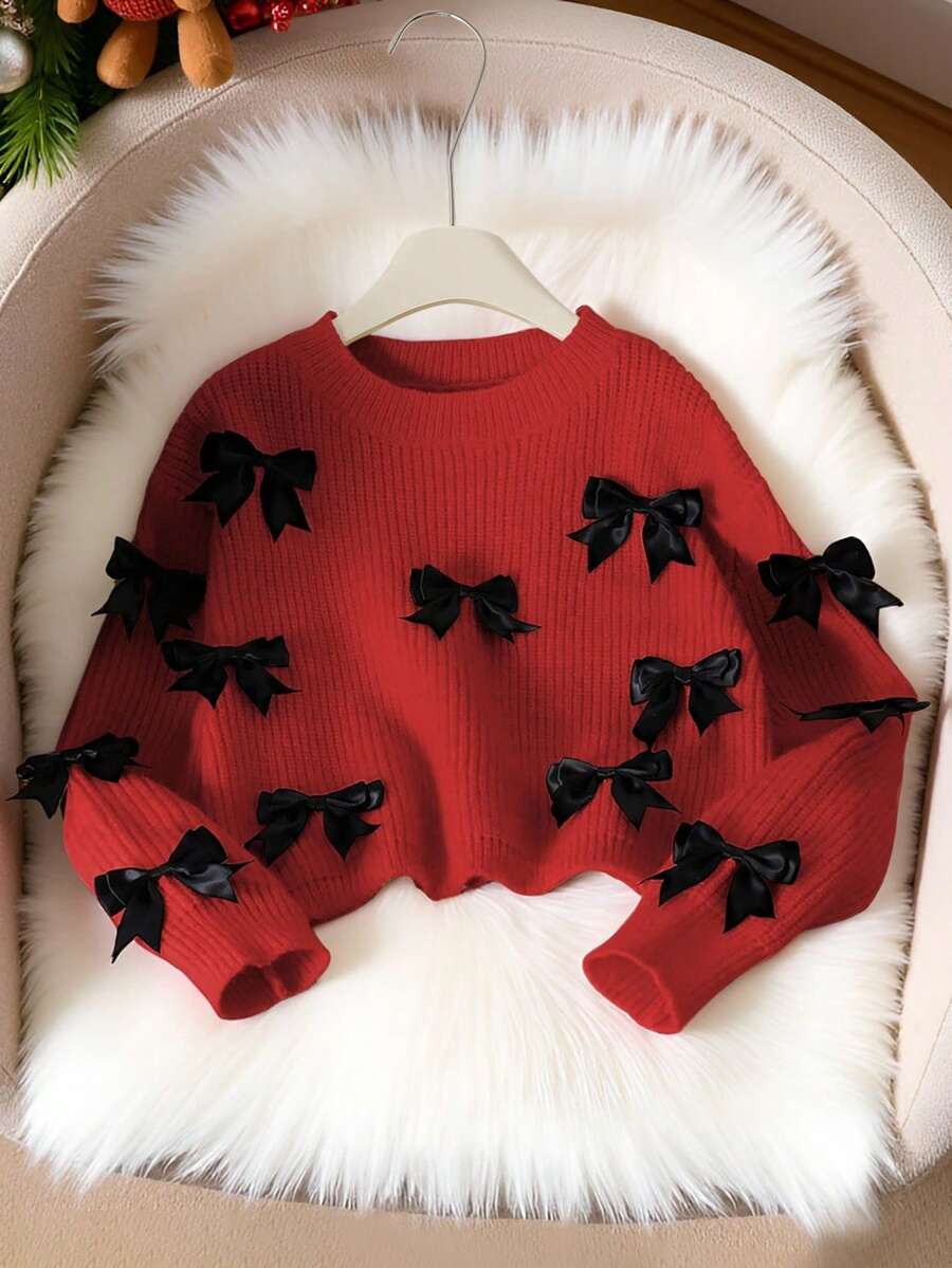 SHEIN Cute Girly Ballet Style Double Bow Cropped Crew Neck Sweater, Adorable Chunky Knit Pullover In Gray