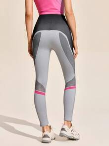 Exploreva Contrast Color Patchwork High Waist Seamless Sports Leggings - Grey - View 2