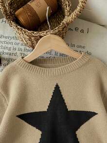 Tween Girl Star Pattern Round Neck Drop Shoulder Sweater, Sibling - Khaki - View 5