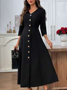 EMERY ROSE Vestido maxi elegante de mujer con cuello en V, manga raglán y botones frontales en unicolor - Negro - Ver 1