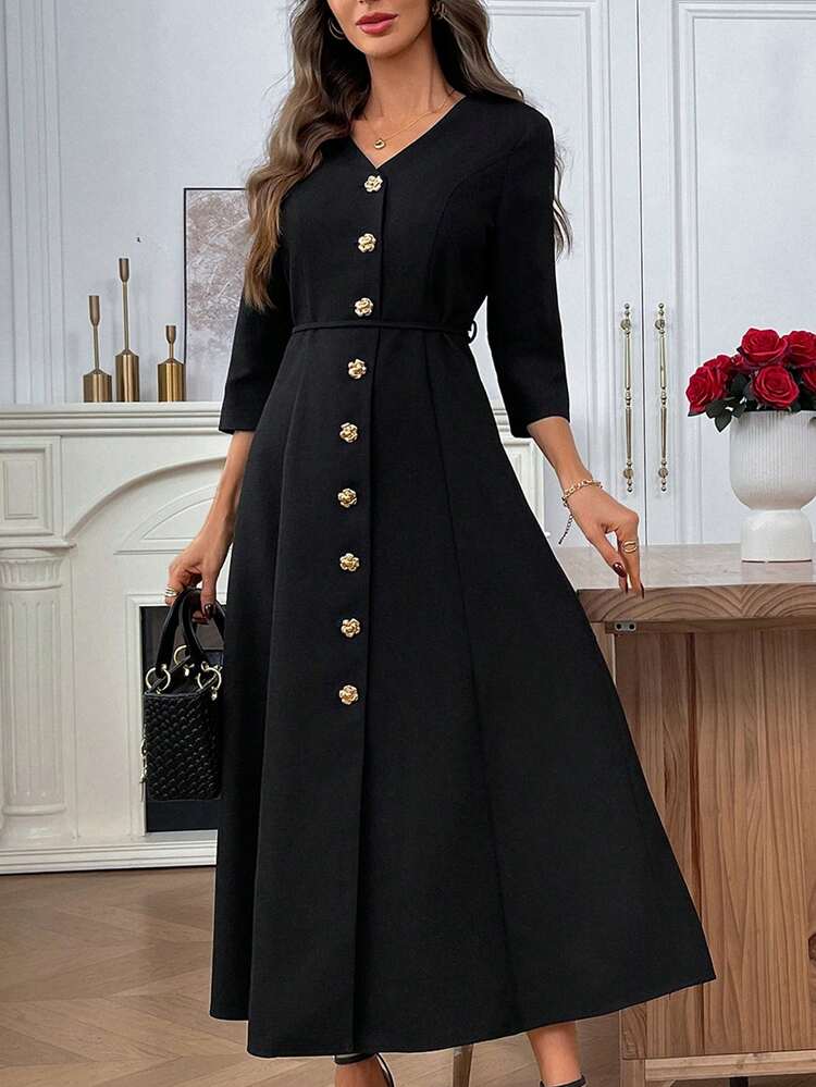 女性用 無地Vネック ラグラン カジュアル フロントボタン エレガントマキシワンピース