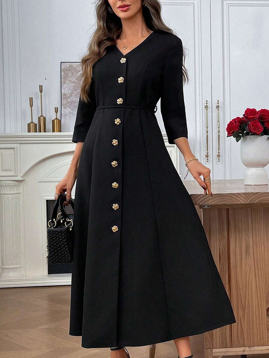 EMERY ROSE Vestido maxi elegante de mujer con cuello en V, manga raglán y botones frontales en unicolor - Negro - Ver 1