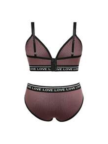 EasyFave Sutiã sem aro plus size com patchwork de letras e fita adesiva - Castanho Café - Ver 2