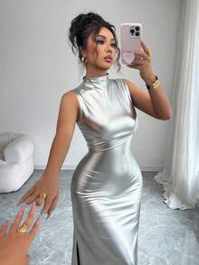 SHEIN Elenzya 新款女士立领无袖弹力皮革面料后背蝴蝶结侧开衩性感修身长裙，适合约会、派对、外出，年轻优雅，秋冬季款 - 銀色 - 查看 4
