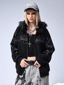 ROMWE EDITION Kpop Punk Style Oversized Blade Chain Print Zipper Sweatshirt For Women - Black - View 6