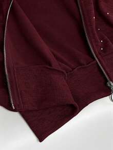 GlowEve 女士时尚休闲水钻拉链连帽衫和运动裤两件套，抽绳连帽拉链宽松长袖外套和高腰抽绳直筒宽松运动裤 - 酒紅色 - 查看 7