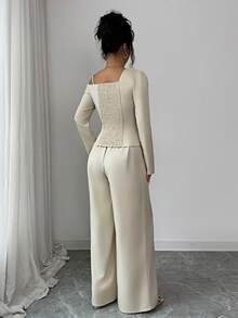 Elenzga Set de 2 piese, bluză elegantă asimetrică, plisată, încrucișată, și pantaloni minimalisti, drepți și lejeri, ținută demnă din 2 piese, costum casual, set de 2 piese elegant și confortabil pentru femei - Caisă - Vizualizare 2