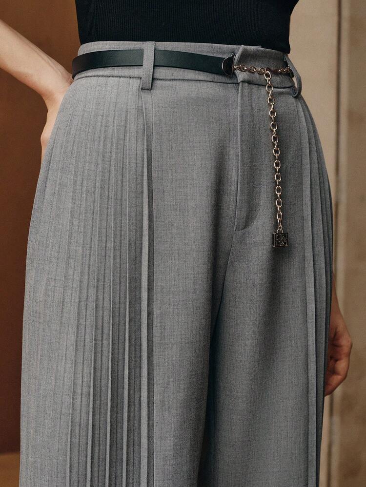 Women's Modern Elegant Side Pleated Flare Pants With Metal Belt Decoration, Long Suit Pants