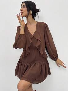 Firerie Spring Ruffle Detail Long Sleeve Mini Dress Elegant Layered Chiffon Fall Winter Holiday Wedding Guest Statement Blouson Sleeve Flowy Feminine Cocktail Party Boho - Brown - View 6