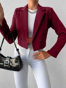 SHEIN Cottnline Women's Solid Color Long Sleeve Two-Button Short Casual Blazer - Burgundy - View 3