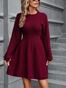 EURMUSE Damska jednokolorowa sukienka dzianinowa z okrągłym dekoltem, opadającymi ramionami i długim rękawem, na co dzień, jesień/zima